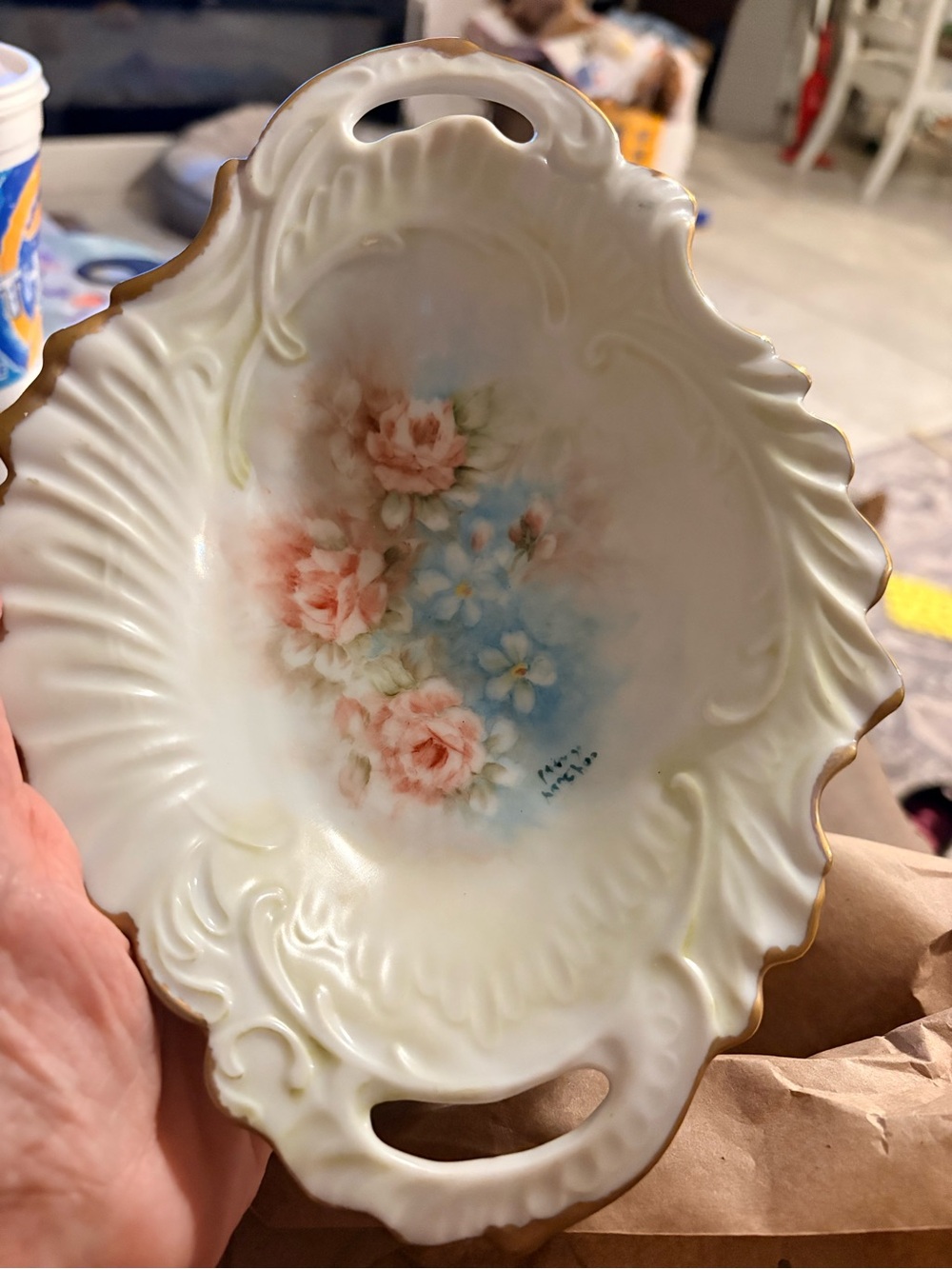 White Porcelain Floral Decorative Serving Dish with Pink Roses